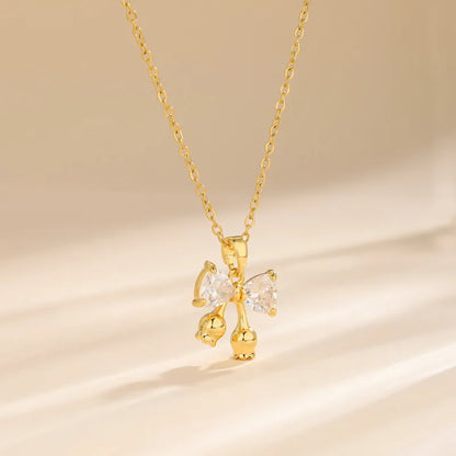 Stainless Steel Titanium Steel 18K Gold Plated Korean Style Plating Inlay Square Leaves Bow Knot Zircon Pendant Necklace