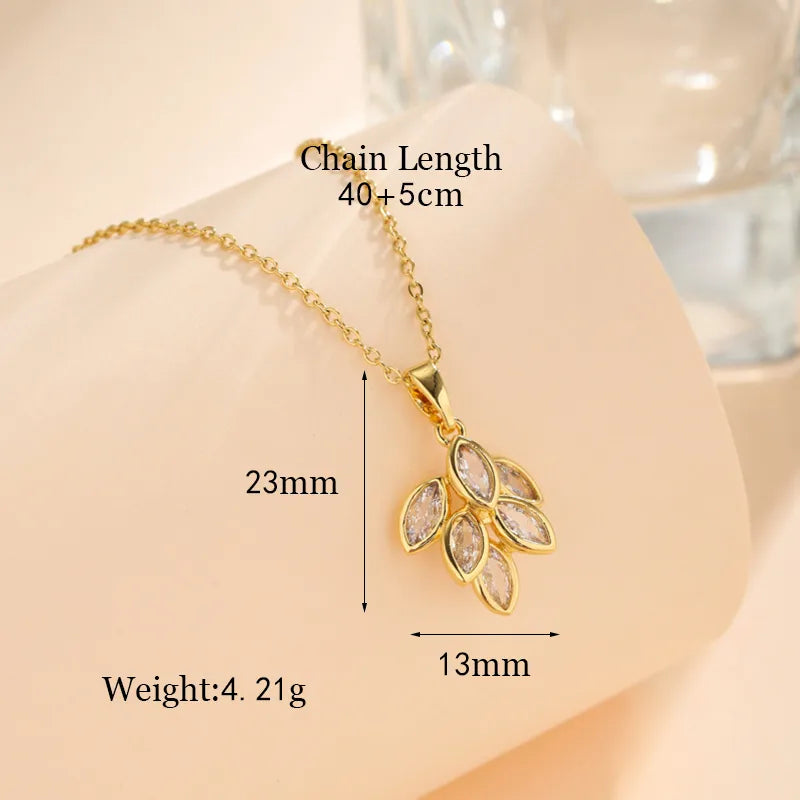 Stainless Steel Titanium Steel 18K Gold Plated Korean Style Plating Inlay Square Leaves Bow Knot Zircon Pendant Necklace