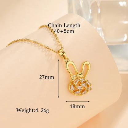 Stainless Steel Titanium Steel 18K Gold Plated Korean Style Plating Inlay Square Leaves Bow Knot Zircon Pendant Necklace