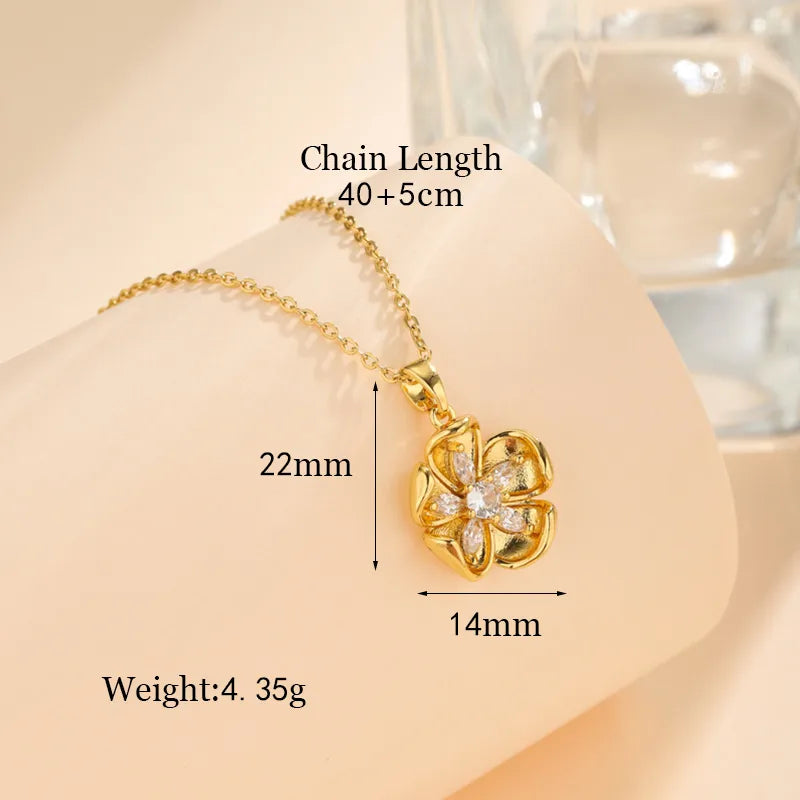 Stainless Steel Titanium Steel 18K Gold Plated Korean Style Plating Inlay Square Leaves Bow Knot Zircon Pendant Necklace