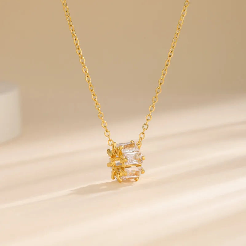 Stainless Steel Titanium Steel 18K Gold Plated Korean Style Plating Inlay Square Leaves Bow Knot Zircon Pendant Necklace