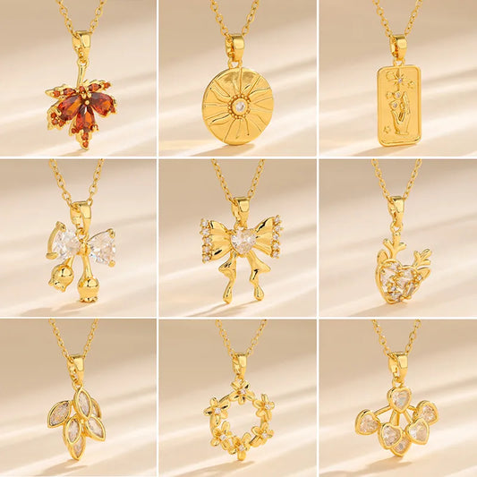 Stainless Steel Titanium Steel 18K Gold Plated Korean Style Plating Inlay Square Leaves Bow Knot Zircon Pendant Necklace