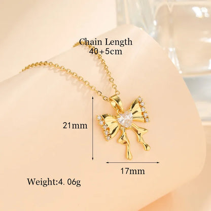 Stainless Steel Titanium Steel 18K Gold Plated Korean Style Plating Inlay Square Leaves Bow Knot Zircon Pendant Necklace