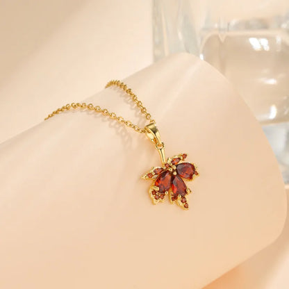 Stainless Steel Titanium Steel 18K Gold Plated Korean Style Plating Inlay Square Leaves Bow Knot Zircon Pendant Necklace