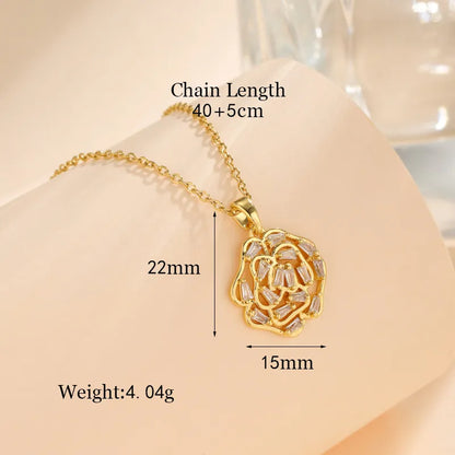 Stainless Steel Titanium Steel 18K Gold Plated Korean Style Plating Inlay Square Leaves Bow Knot Zircon Pendant Necklace