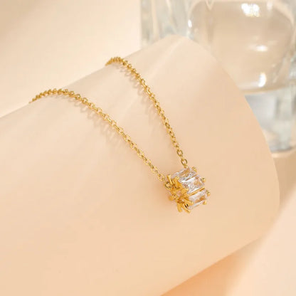 Stainless Steel Titanium Steel 18K Gold Plated Korean Style Plating Inlay Square Leaves Bow Knot Zircon Pendant Necklace