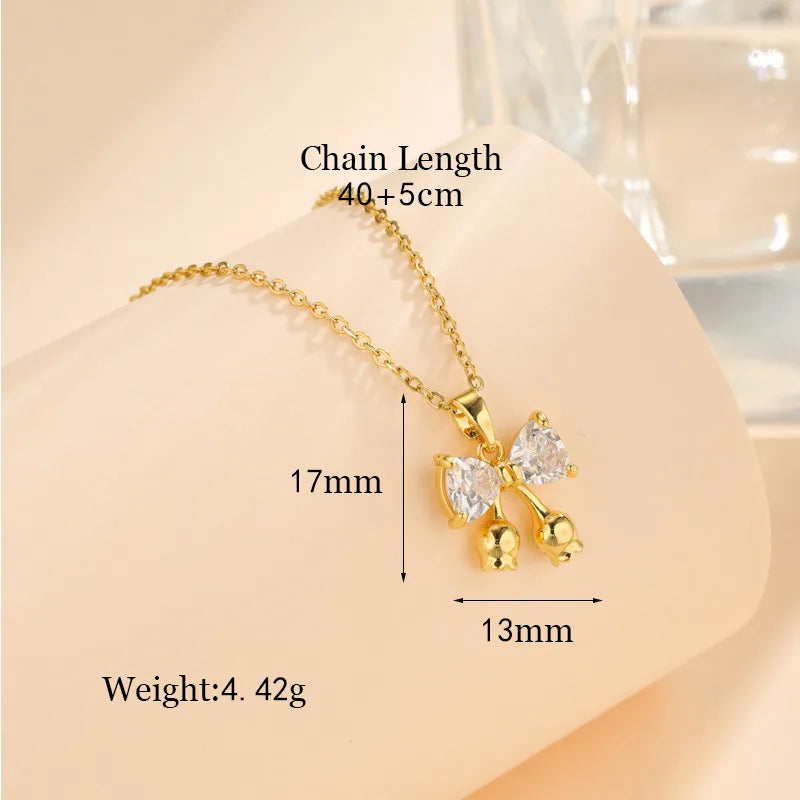 Stainless Steel Titanium Steel 18K Gold Plated Korean Style Plating Inlay Square Leaves Bow Knot Zircon Pendant Necklace