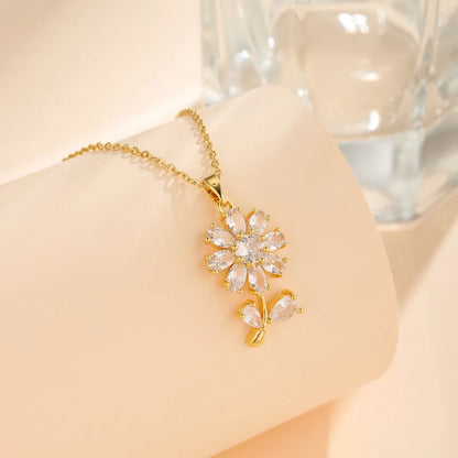 Stainless Steel Titanium Steel 18K Gold Plated Korean Style Plating Inlay Square Leaves Bow Knot Zircon Pendant Necklace