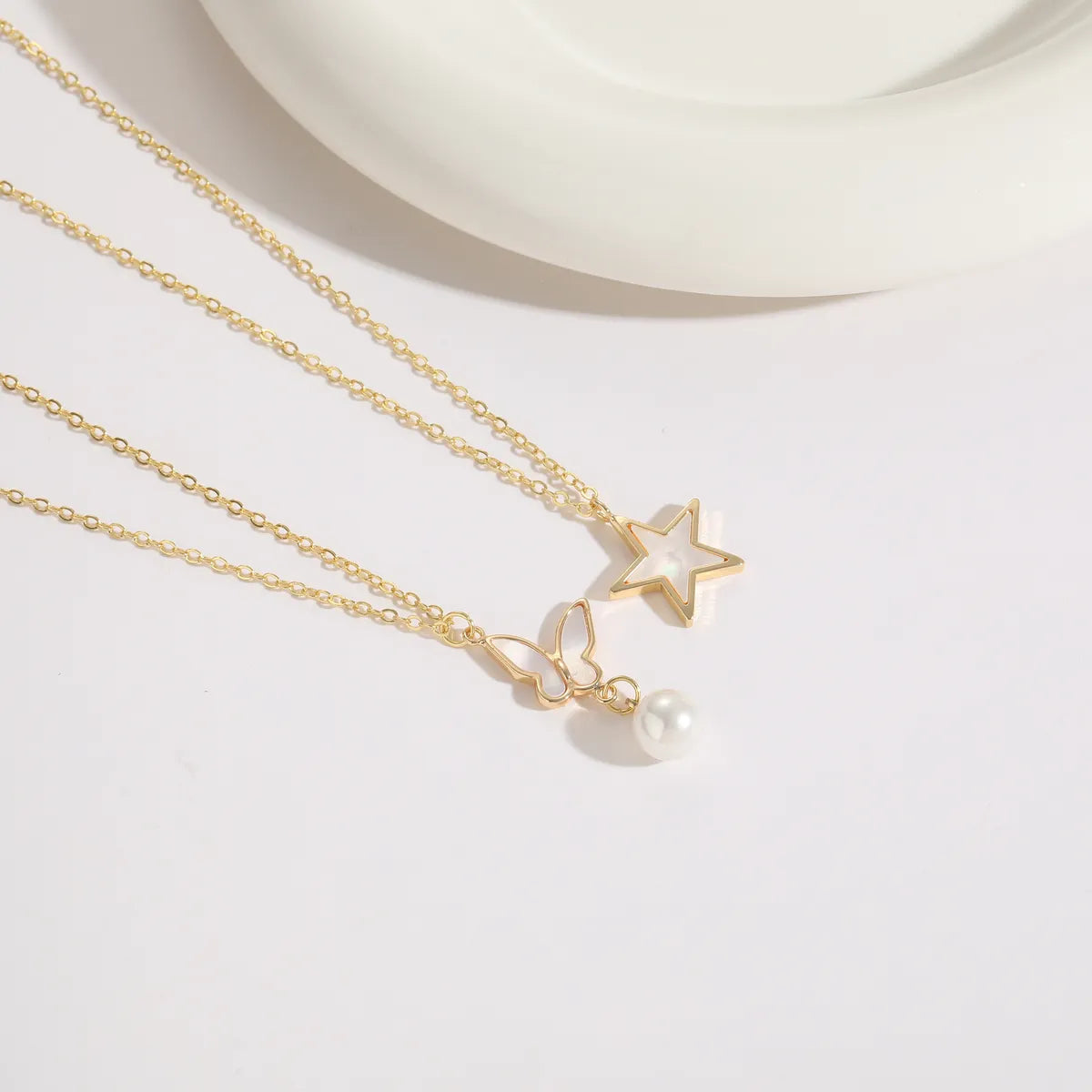 1 Piece Korean Style Star Butterfly Copper Pearl Plating Inlay Shell 14k Gold Plated Pendant Necklace