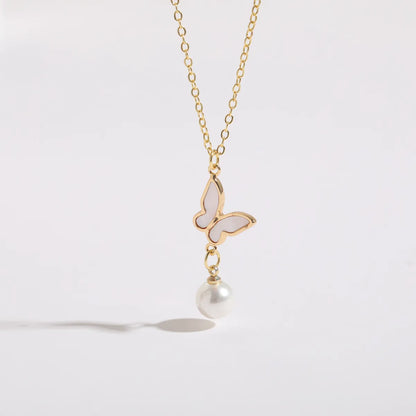 1 Piece Korean Style Star Butterfly Copper Pearl Plating Inlay Shell 14k Gold Plated Pendant Necklace