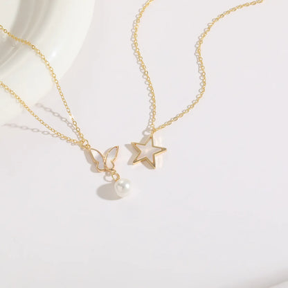 1 Piece Korean Style Star Butterfly Copper Pearl Plating Inlay Shell 14k Gold Plated Pendant Necklace