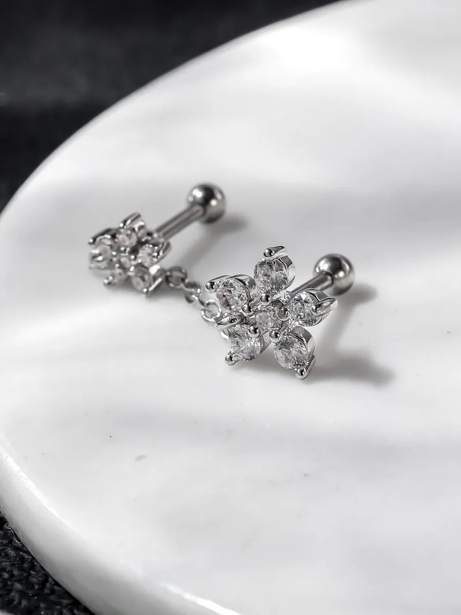 1 Piece Lady Flower Inlay Stainless Steel Copper Zircon White Gold Plated Ear Studs