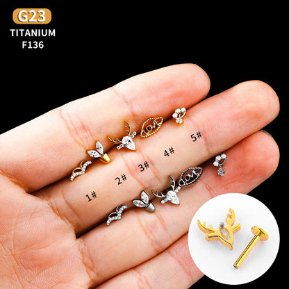 1 Piece Lip Rings Classic Style Deer Titanium Alloy Hollow Out Zircon Gold Plated Lip Rings Ear Cartilage Rings & Studs