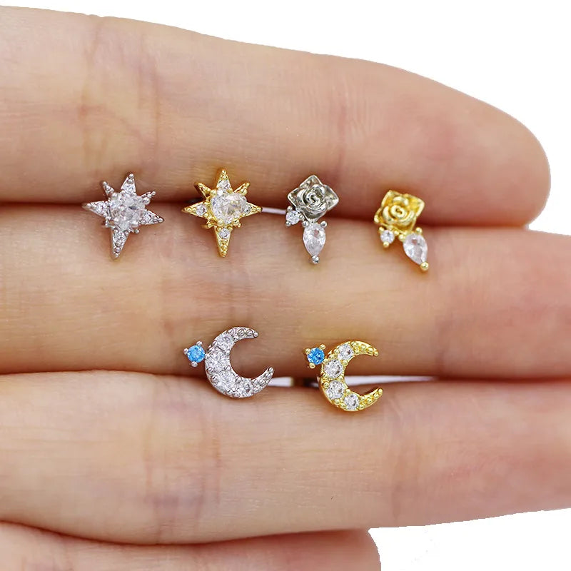 1 Piece Lip Rings Exaggerated Preppy Style Artistic Star Moon Rose 316 Stainless Steel  Copper Hollow Out Inlay Glass Gold Plated Lip Rings