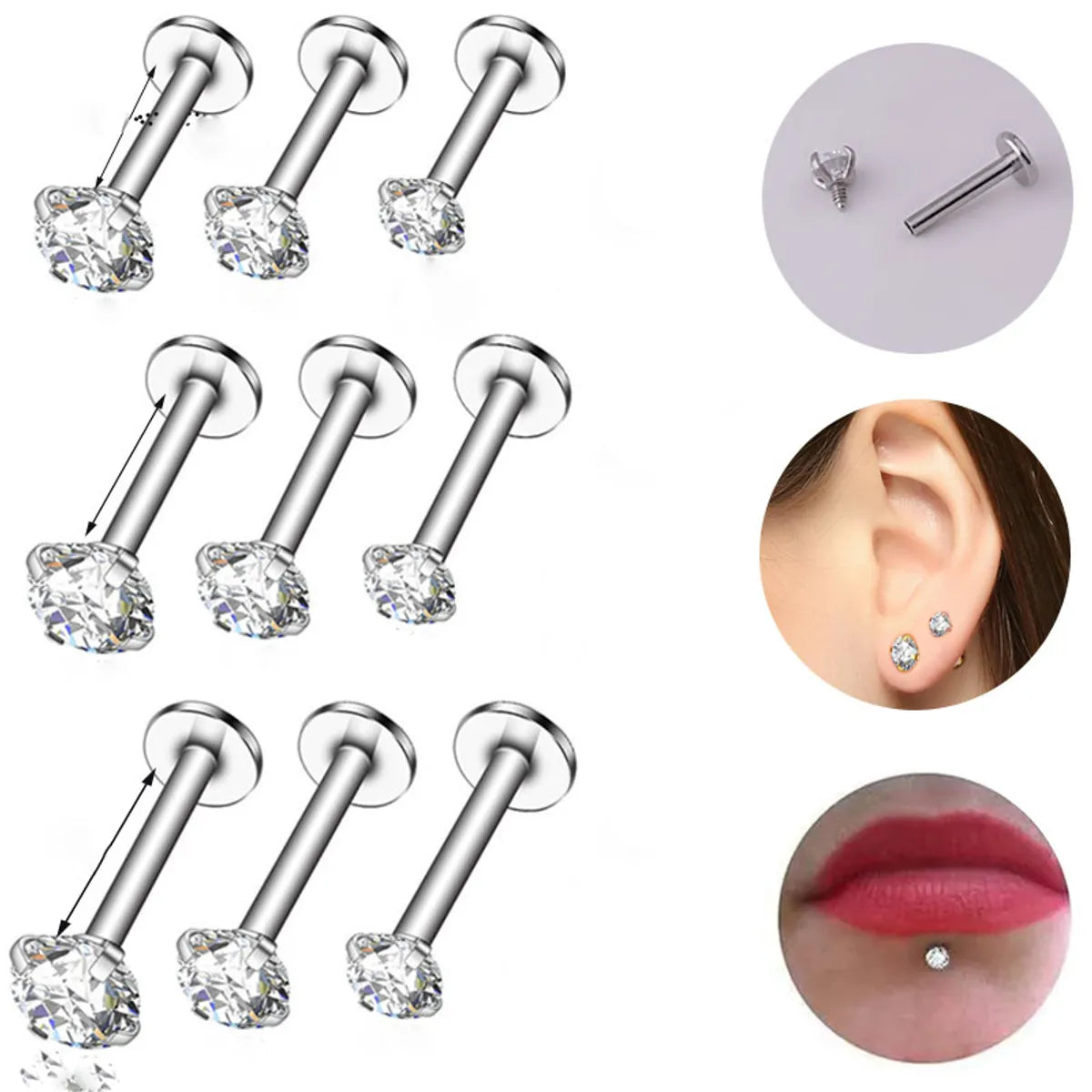 1 Piece Lip Rings Simple Style Geometric Pure Titanium Inlay Zircon Lip Stud