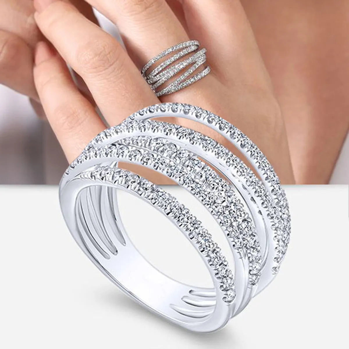 1 Piece Luxurious Geometric Copper Plating Zircon Wide Band Ring Rings