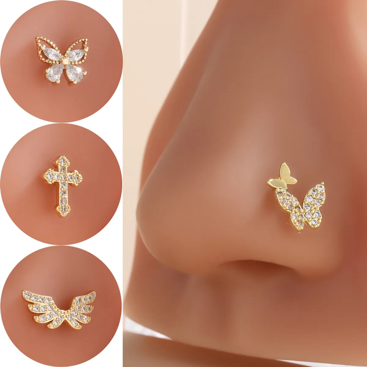 1 Piece Nose Rings & Studs Classic Style Cross Butterfly Copper Polishing Plating Zircon 18K Gold Plated Nose Rings & Studs