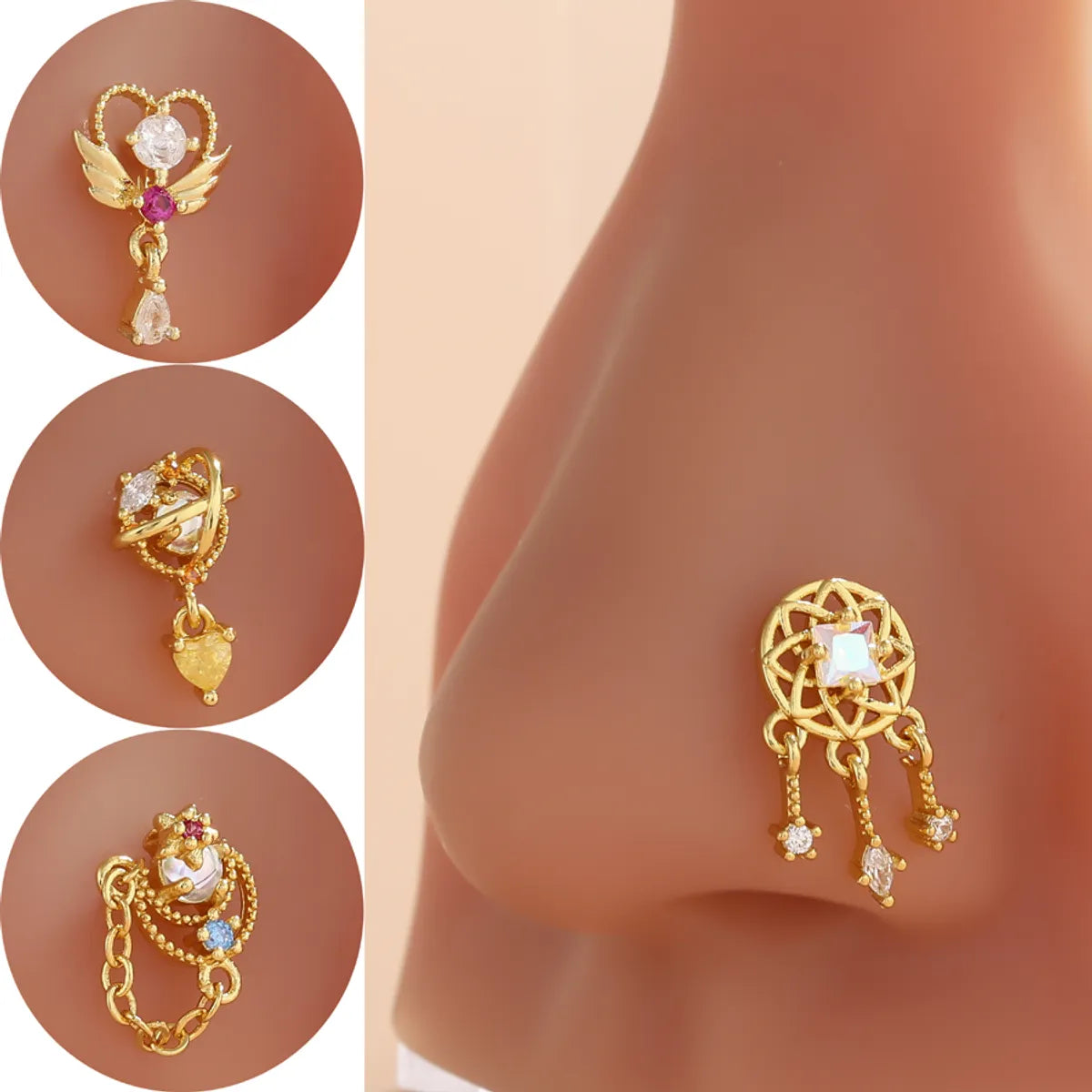 1 Piece Nose Rings & Studs Classic Style Geometric Moon Copper Polishing Plating Zircon 18K Gold Plated Nose Rings & Studs