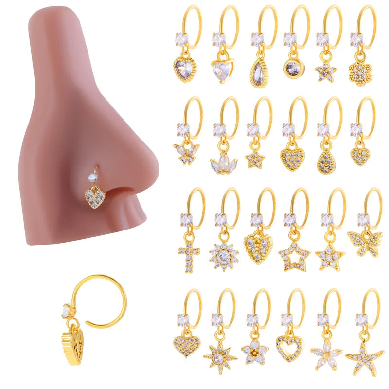 1 Piece Nose Rings & Studs IG Style French Style Simple Style Star Heart Shape Flower Copper Inlay Zircon Nose Rings & Studs