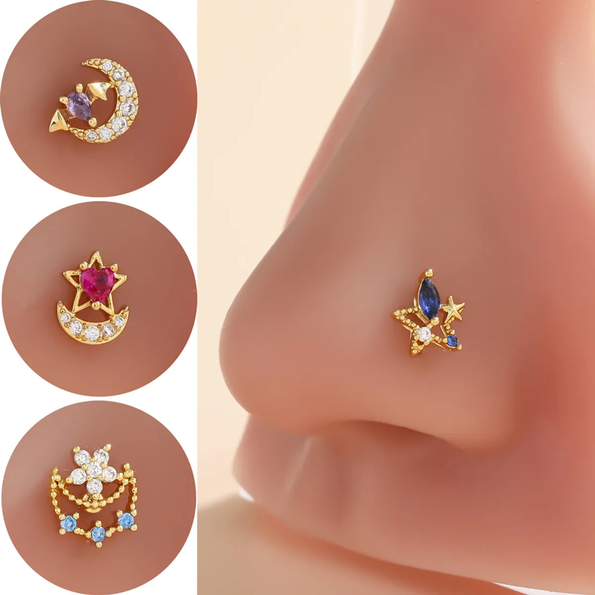 1 Piece Nose Rings & Studs Luxurious Classic Style Heart Shape Butterfly Copper Polishing Plating Zircon 18K Gold Plated Nose Rings & Studs