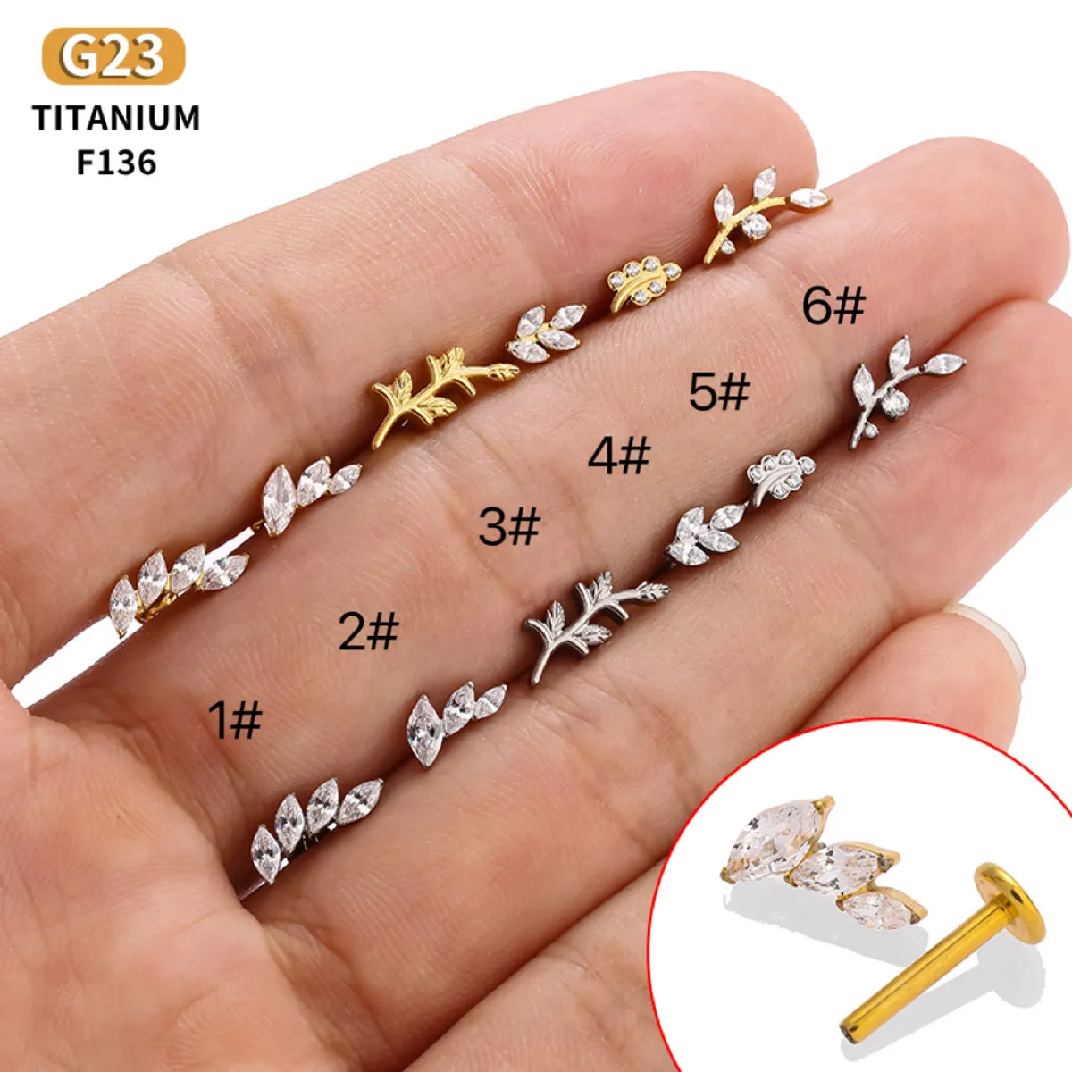 1 Piece Nose Rings & Studs Simple Style Classic Style Leaf Titanium Alloy Polishing Flowers Zircon 18K Gold Plated Ear Cartilage Rings & Studs