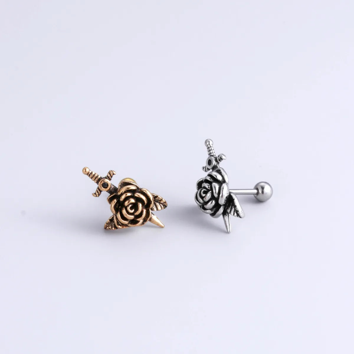 1 Piece Punk Flower Snake Skull Stainless Steel Copper Inlaid Zircon Ear Studs