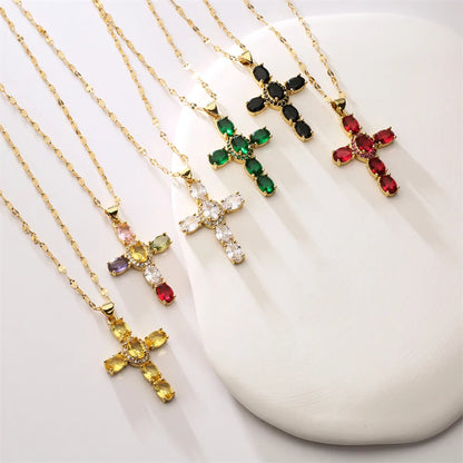 1 Piece Retro Cross Copper Plating Inlay Zircon Pendant Necklace