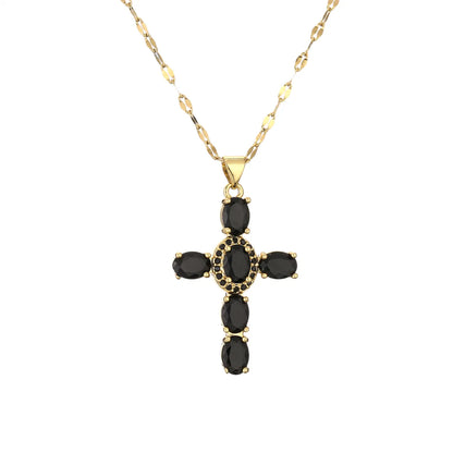 1 Piece Retro Cross Copper Plating Inlay Zircon Pendant Necklace