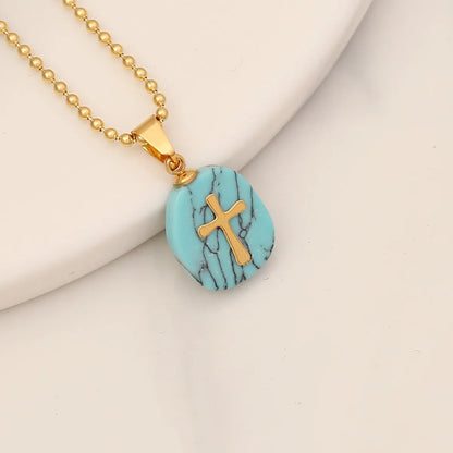 Retro Cross Stainless Steel Natural Stone Turquoise Pendant Necklace