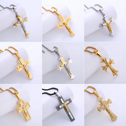 1 Piece Retro Cross Stainless Steel Polishing Zircon Pendant Necklace