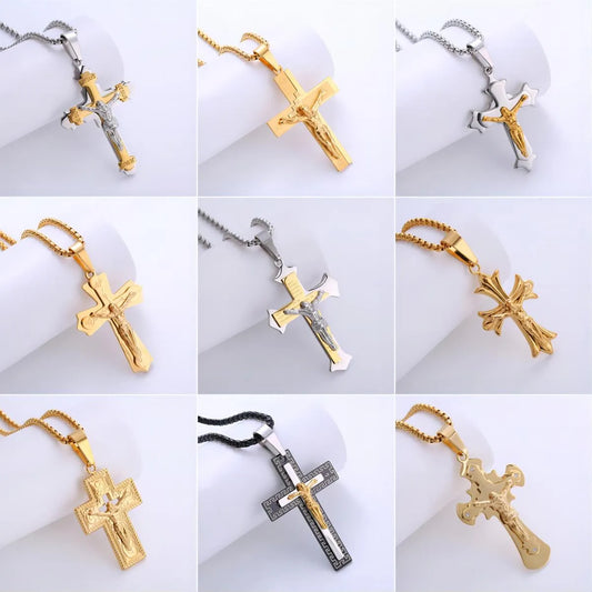 1 Piece Retro Cross Stainless Steel Polishing Zircon Pendant Necklace