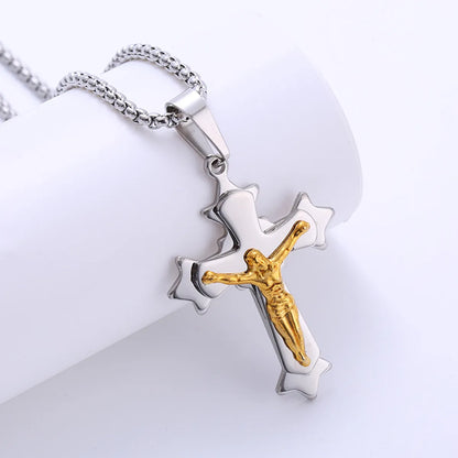 1 Piece Retro Cross Stainless Steel Polishing Zircon Pendant Necklace