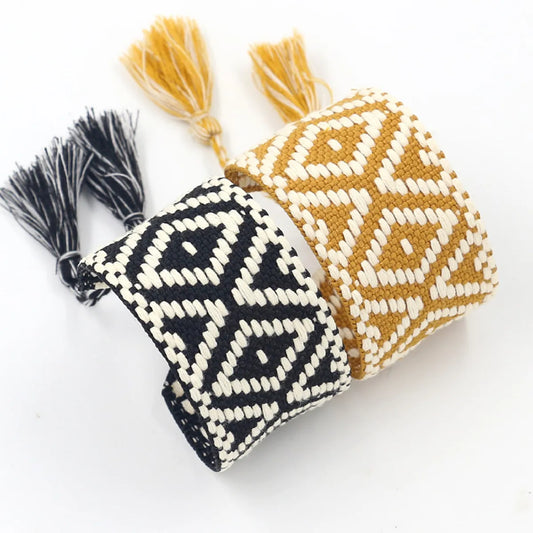 Retro Plaid Polyester Jacquard Tassel Unisex Bracelets