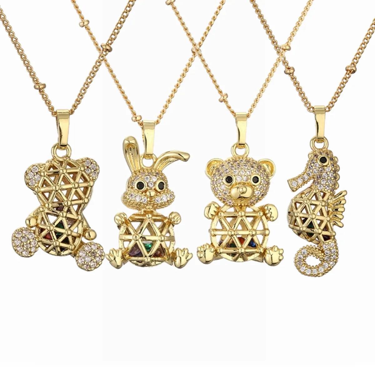 1 Piece Retro Rabbit Little Bear Copper Plating Inlay Zircon Pendant Necklace