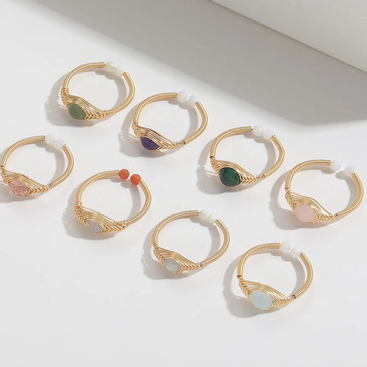 Retro Round Natural Stone Copper 14k Gold Plated Rings