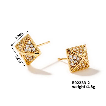 1 Piece Retro Simple Style Shiny Square Pyramid Three-Dimensional Inlay Copper Zircon K Gold Plated Rhodium Plated Ear Studs