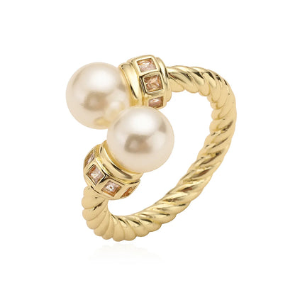 1 Piece Retro Simple Style Solid Color Inlay Copper Pearl 18K Gold Plated Rings