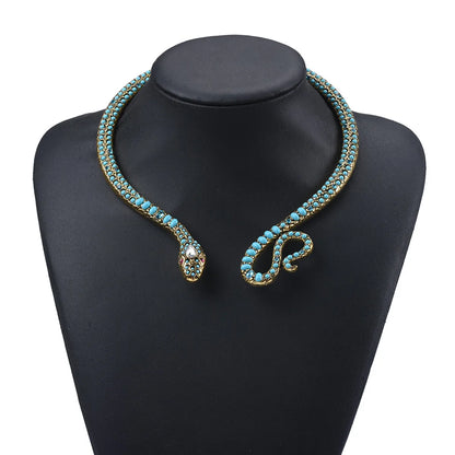 1 Piece Retro Snake Imitation Pearl Alloy Turquoise Inlay Rhinestones Women's Necklace