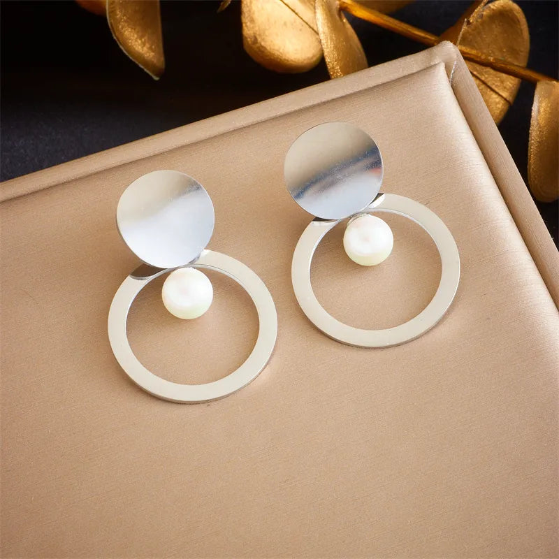 1 Piece Retro Solid Color Polishing Inlay 304 Stainless Steel Pearl 18K Gold Plated Earrings