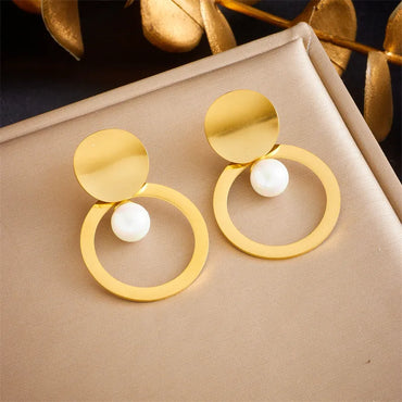 1 Piece Retro Solid Color Polishing Inlay 304 Stainless Steel Pearl 18K Gold Plated Earrings