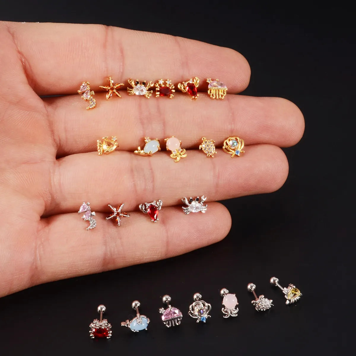 1 Piece Retro Starfish Crab Stainless Steel Copper Inlay Zircon Ear Studs