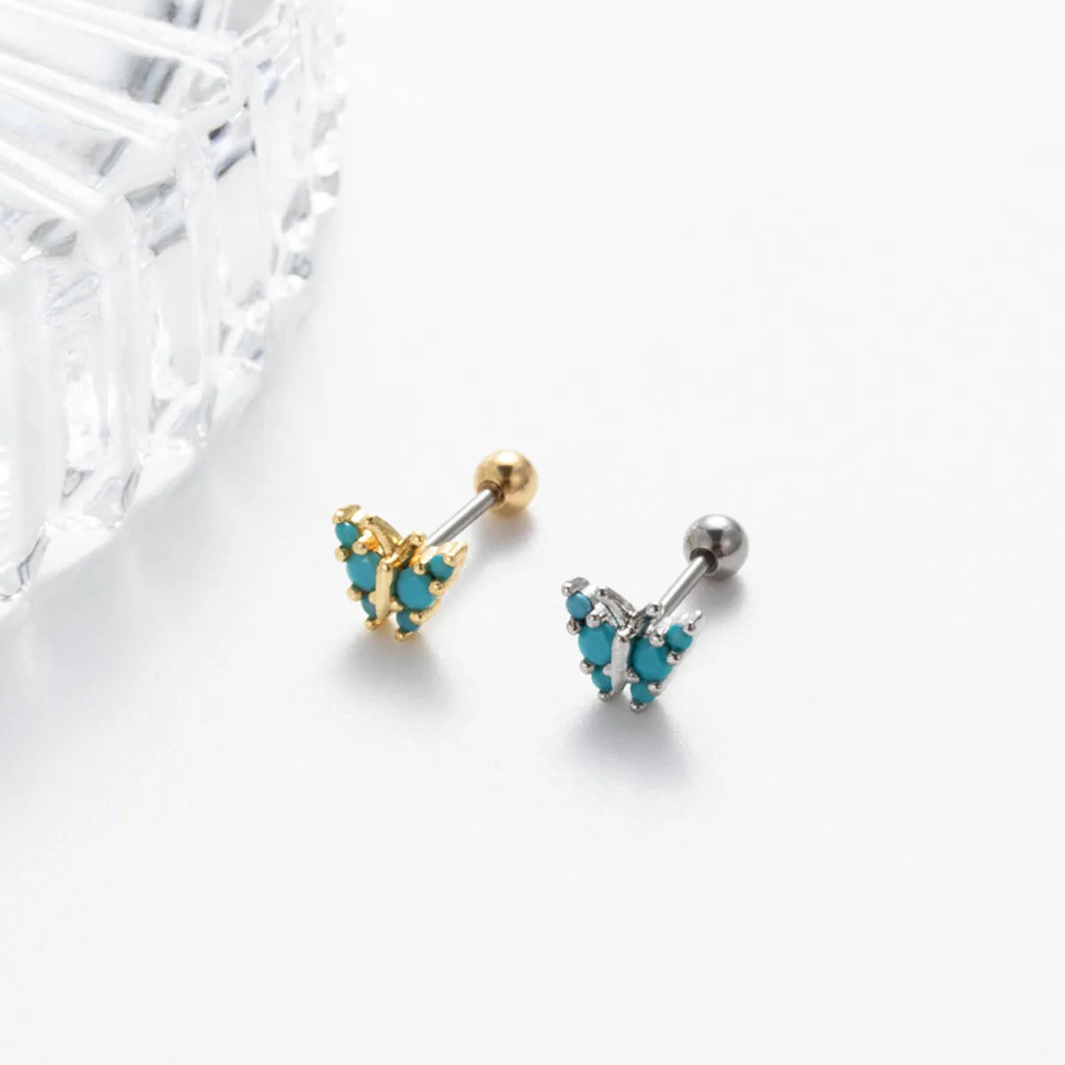 1 Piece Retro Sweet Moon Crown Butterfly Inlay Stainless Steel Zircon Ear Studs