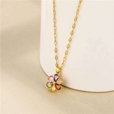 Shiny Flower Stainless Steel Brass 18k Gold Plated Gold Plated Zircon Pendant Necklace In Bulk