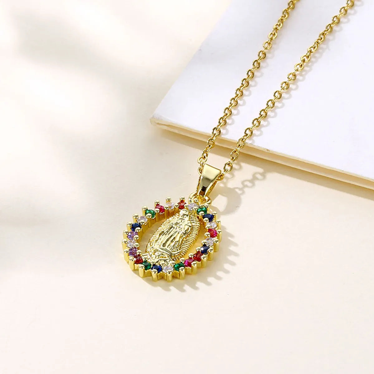 Shiny Portrait Faith Stainless Steel Brass Plating Inlay Zircon 18k Gold Plated Gold Plated Pendant Necklace