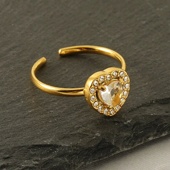 Shiny Square Water Droplets Heart Shape Stainless Steel Plating Inlay Zircon 18k Gold Plated Open Ring