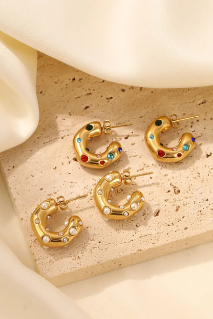 1 Piece Simple Style Classic Style C Shape Plating Inlay Stainless Steel Pearl Zircon Gold Plated Earrings