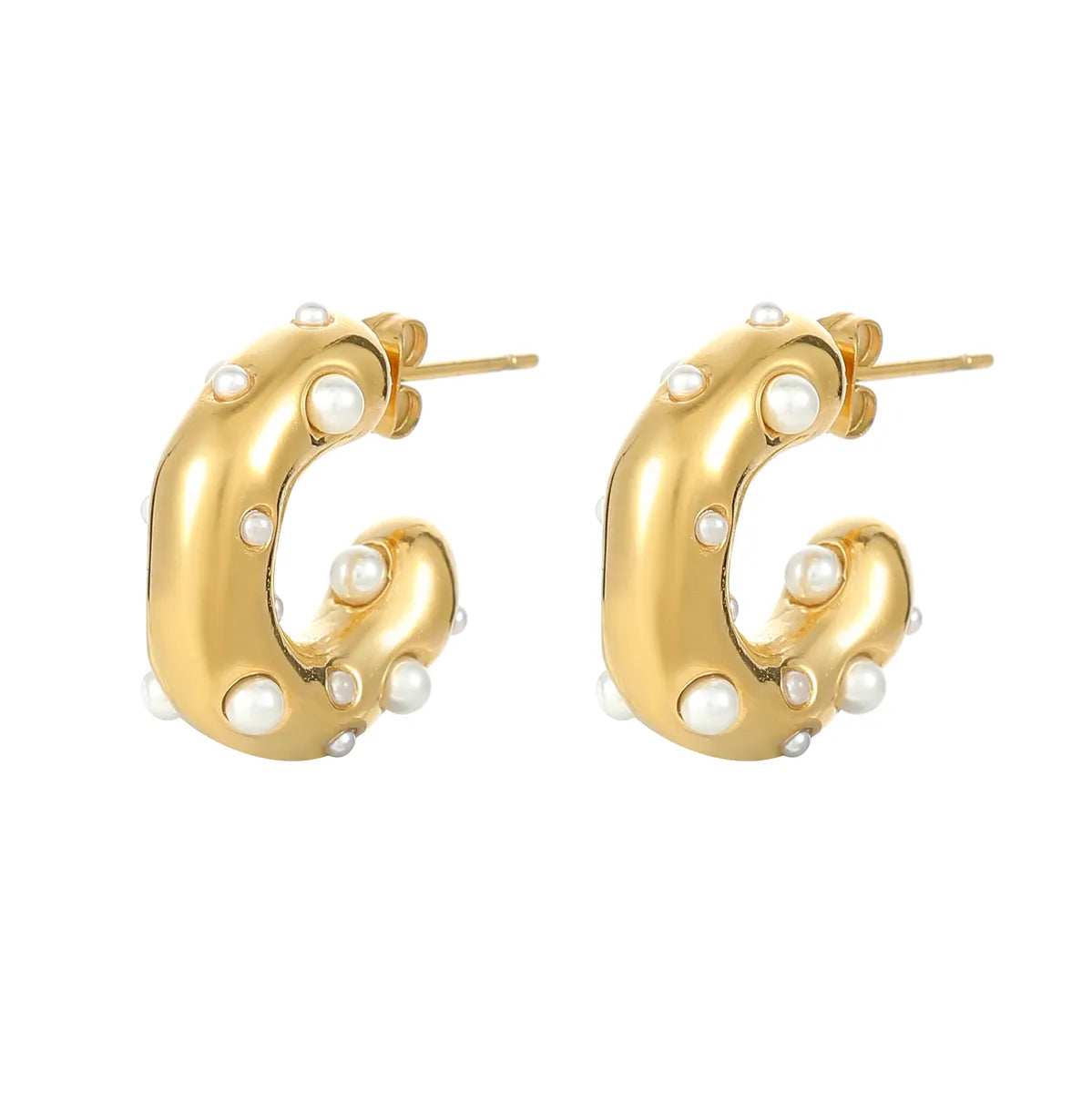 1 Piece Simple Style Classic Style C Shape Plating Inlay Stainless Steel Pearl Zircon Gold Plated Earrings