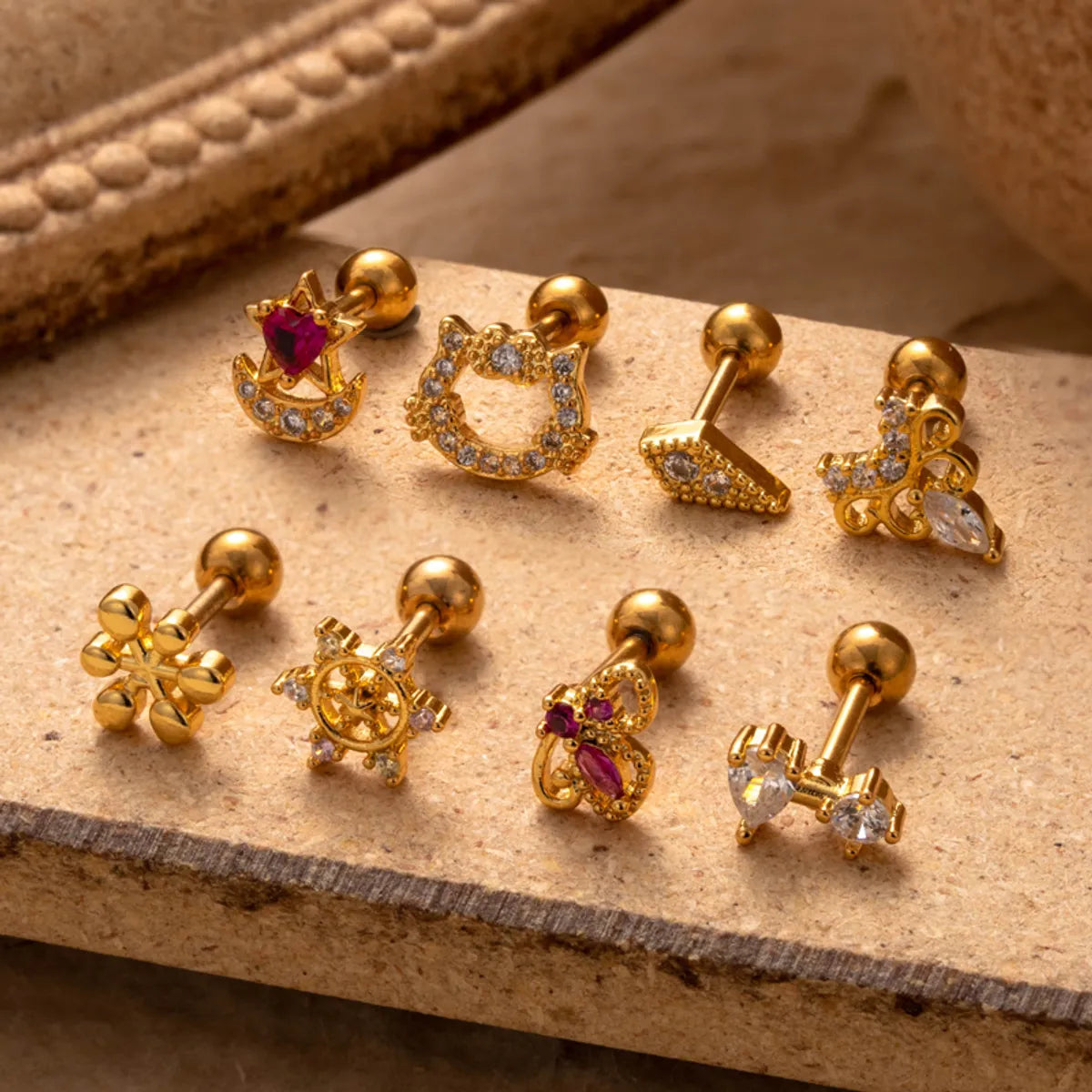 1 Piece Simple Style Classic Style Cat Flower Butterfly Plating Inlay Stainless Steel Zircon 18k Gold Plated Ear Studs