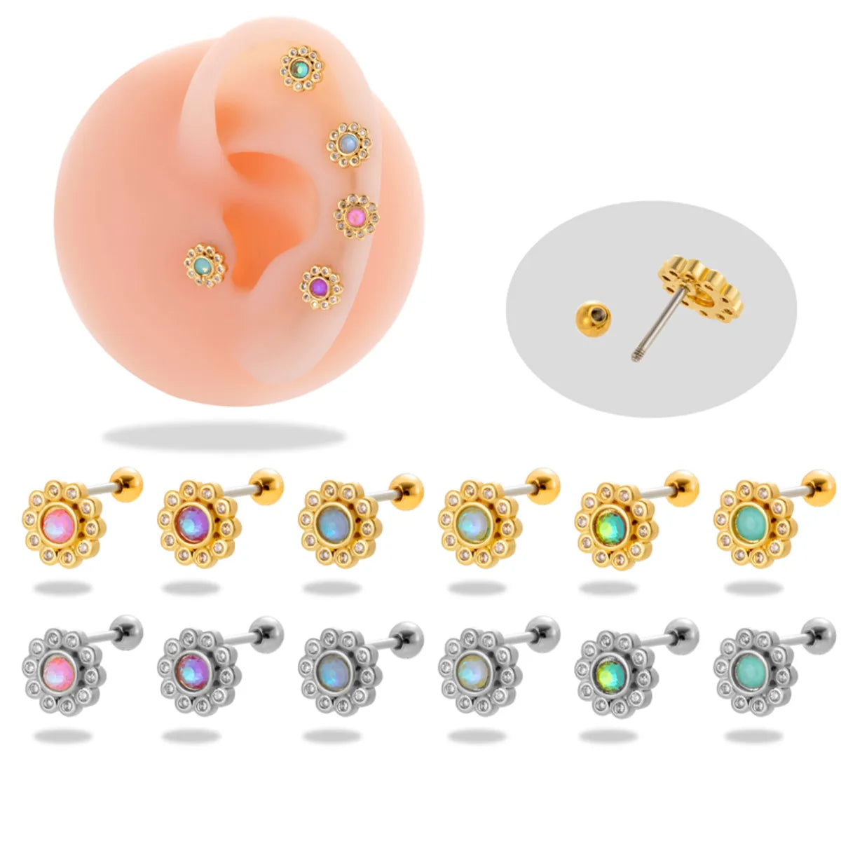 1 Piece Simple Style Classic Style Flower Plating Inlay Stainless Steel Zircon 18k Gold Plated Ear Studs