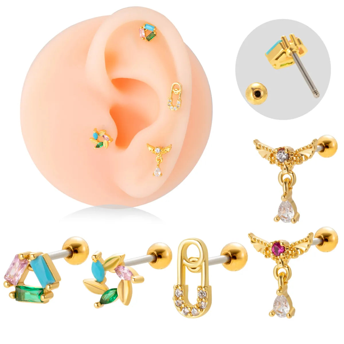 1 Piece Simple Style Classic Style Heart Shape Wings Flower Plating Inlay Stainless Steel Zircon 18k Gold Plated Ear Studs